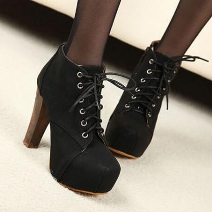 Black Lace Up Suede High Heel Boots on Luulla