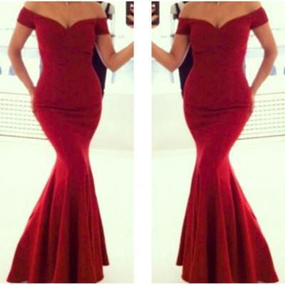 Elegant Off The Shoulder Floor Length Red Mermaid Dress