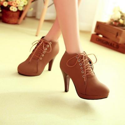 Brown Lace Up High Heels Ankle Boots