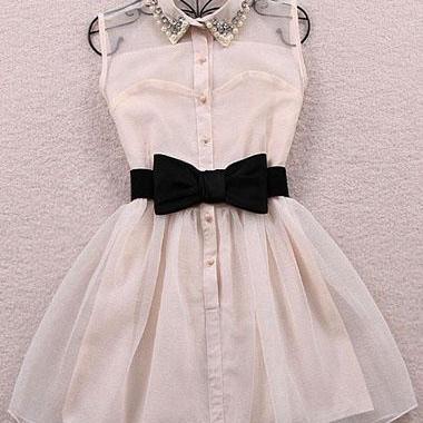 Adorable Front Bow Design Beaded Chiffon Dress In Black And White