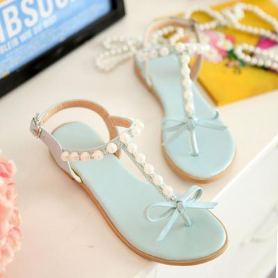 Adorable Pastel Blue Pearls And Bows T Strap Sandals