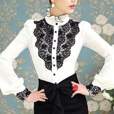 Gorgeous Ruffled Collar White Blouse With Lace Detail