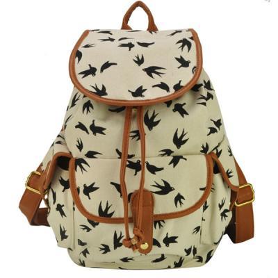 Women's Full Fox And Swallows Print Canvas School Bag Travel Backpack