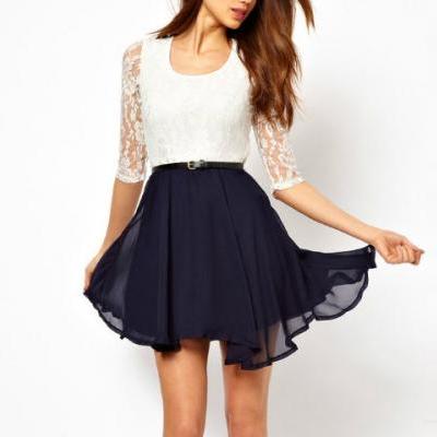 U Lace Stitching Chiffon Dress Pleated Skirt