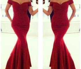 Elegant Off The Shoulder Floor Length Red Mermaid Dress on Luulla