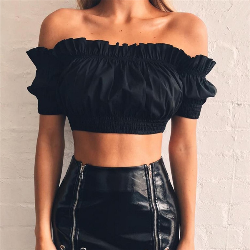 black off the shoulder ruffle crop top