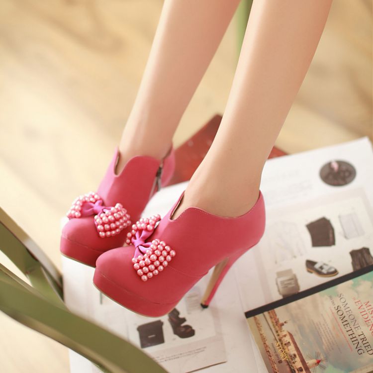 Cute Pink Side Zip Bow Embellished High Heels Fashion Shoes on Luulla