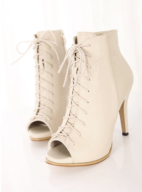 Sexy Apricot Lace Up Peep Toe High Heels Fashion Boots on Luulla