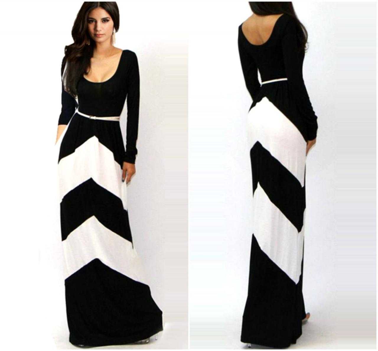 Black And White Floor Length Long Sleeve Dress