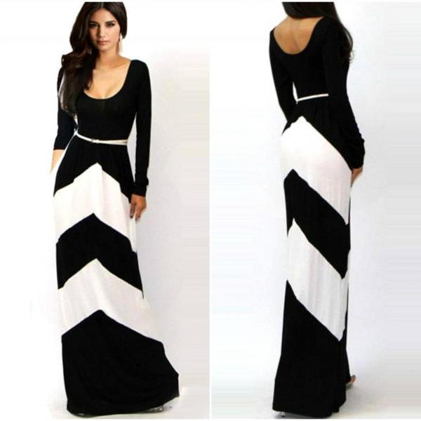 Black And White Floor Length Long Sleeve Dress on Luulla