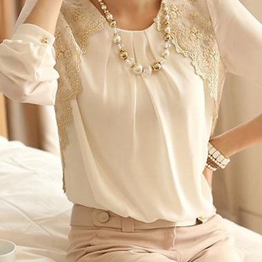 Long Sleeve White Chiffon And Lace Top on Luulla