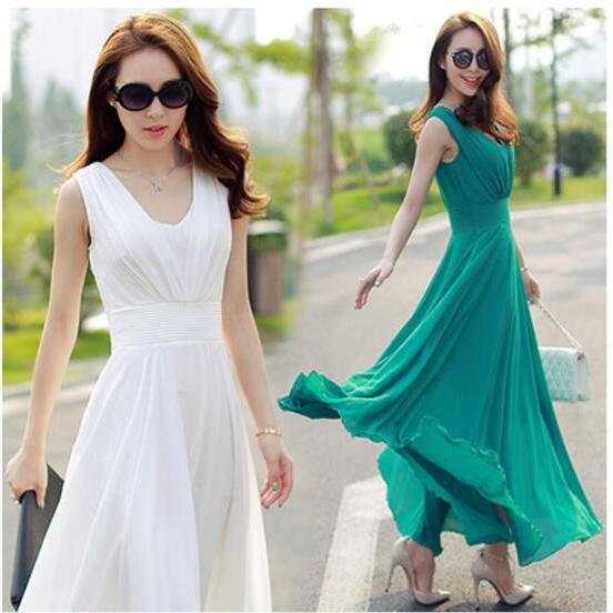 Sexy Girl Beach Wear Solid Color Gowns Sleeveless Round Neck Maxi Dress ...