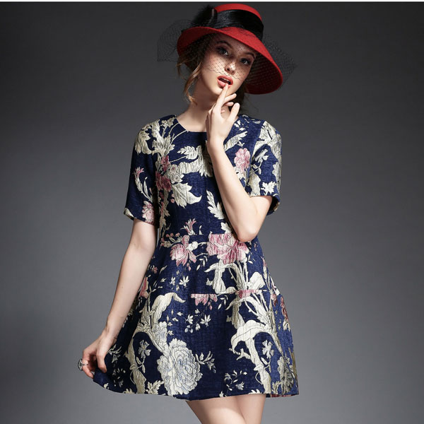 Half Sleeve Jacquard Floral Printed Dress on Luulla