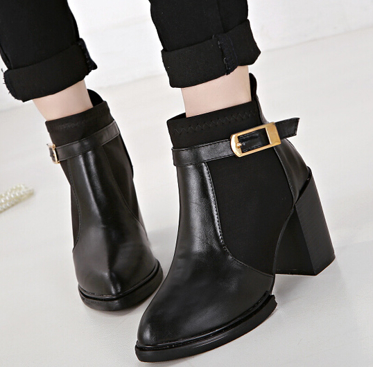 Short Boots Pointed Toe Color Block Chunky Heel Black Casual Boots on ...